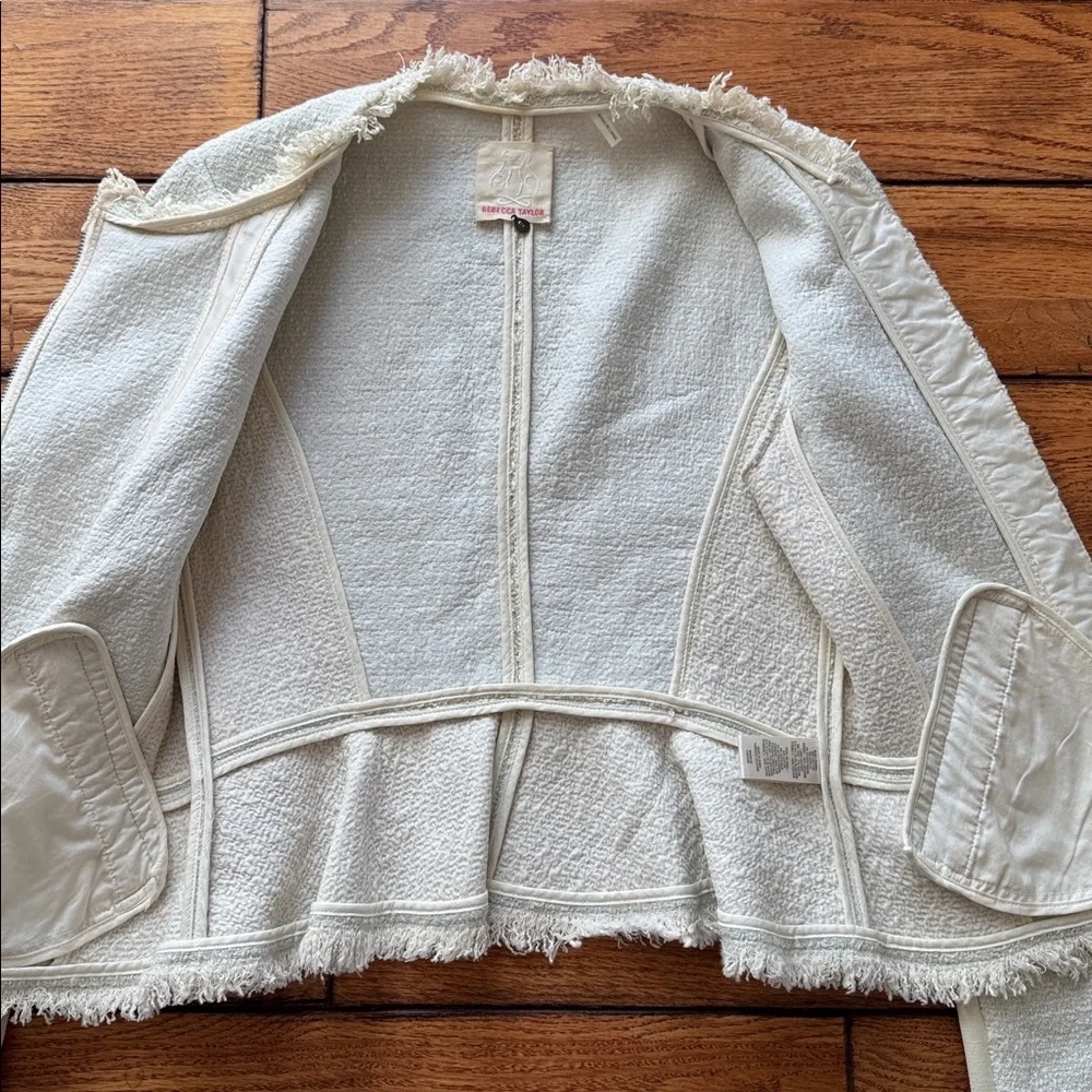 Rebecca Taylor‎ Genuine Lamb Leather Detail Tweed Jacket Beige/Light Blue Sz 8